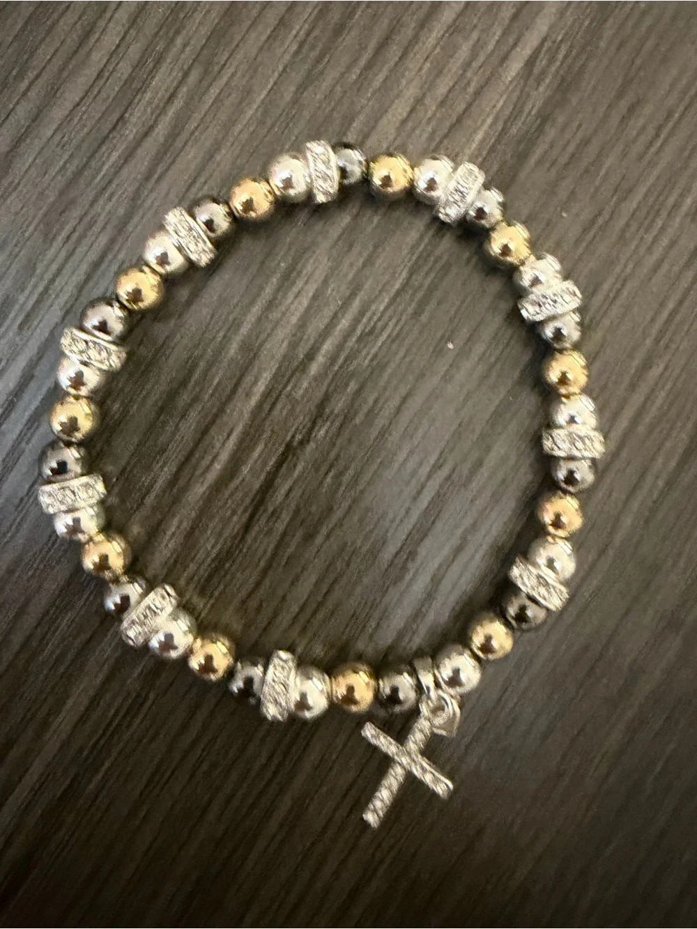 Tri-Tone Beaded Cross Bracelet - Gold, Silver, Gunmetal
